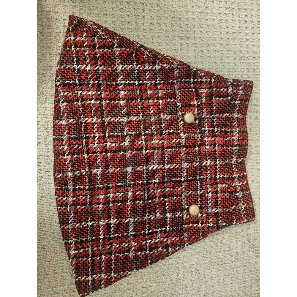 BEAUTY Tweed Plaid Mini Skirt Womens 46 Red Black A-Line Gold Button Excellent